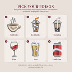 Pick Your Poison drink chart: six embroidered drink options for the ghost sweatshirt, hot coffee, iced coffee, boba tea, wine, beer, soda can