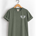 Heart hands skeleton embroidered tee in Moss on a wooden hanger