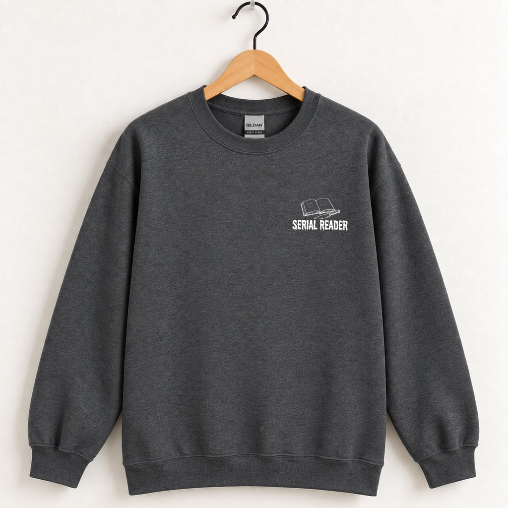 Serial Reader crewneck sweatshirt in Dark Heather on a wooden hanger