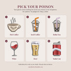 Pick Your Poison drink chart: six embroidered drink options for the ghost tee, hot coffee, iced coffee, boba tea, wine, beer, soda can