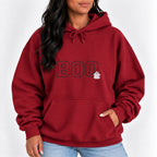 Woman wearing the Boo embroidered hoodie in Cardinal Red with jeans