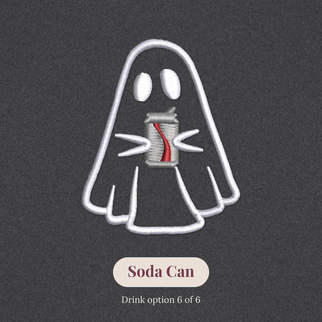 Close-up of the embroidered ghost holding a soda can, drink option 6 of 6