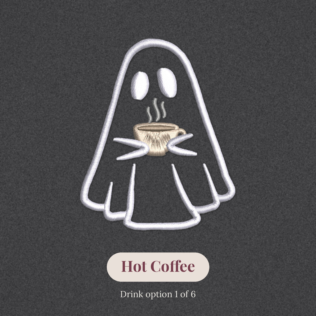 Close-up of the embroidered ghost holding a hot coffee, drink option 1 of 6