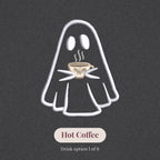 Close-up of the embroidered ghost holding a hot coffee, drink option 1 of 6