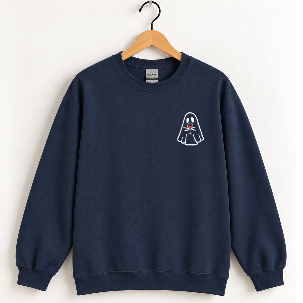 Ghost with a drink embroidered crewneck sweatshirt in Navy on a wooden hanger, white ghost holding a drink on the left chest