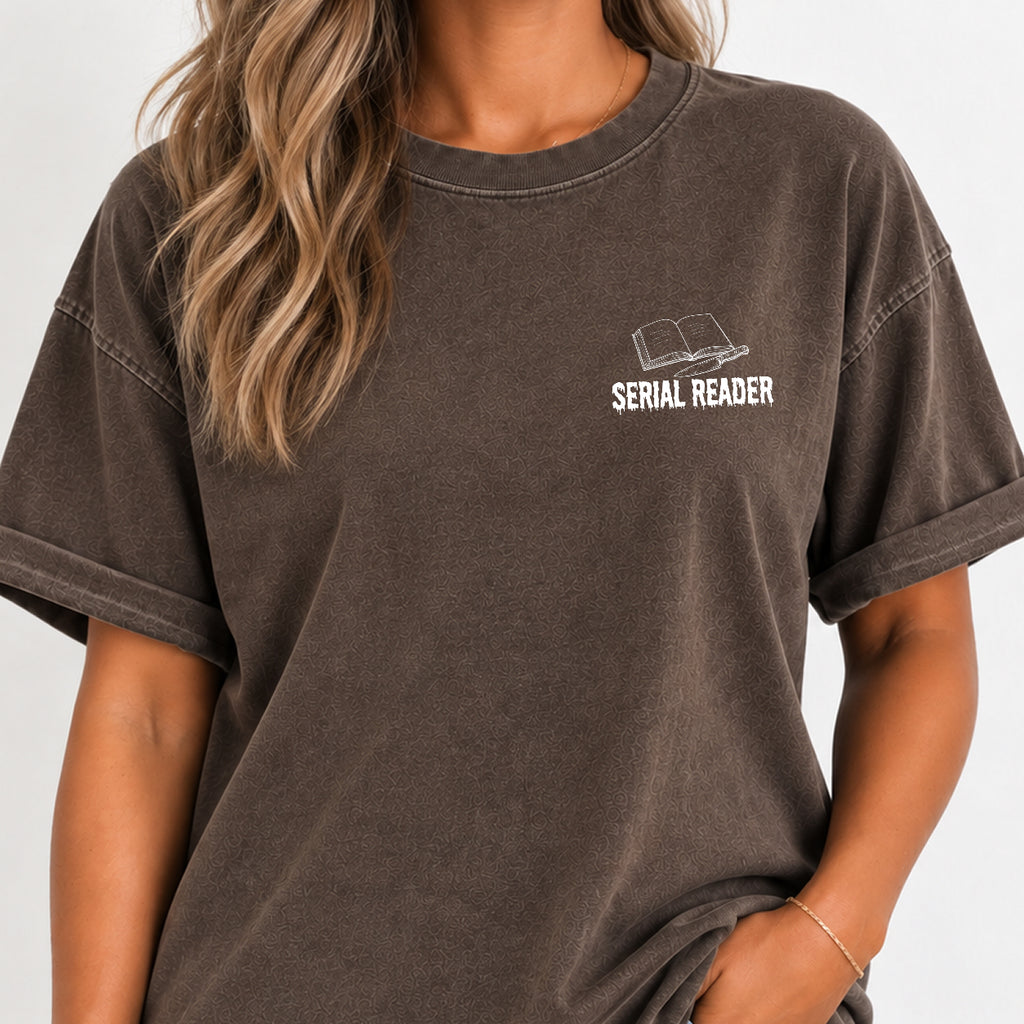 Woman wearing the Serial Reader left chest book tee in Espresso