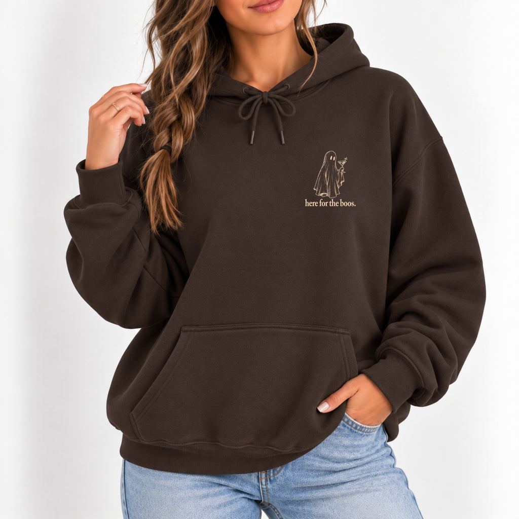 Woman wearing the Here for the Boos hoodie in Dark Chocolate with jeans