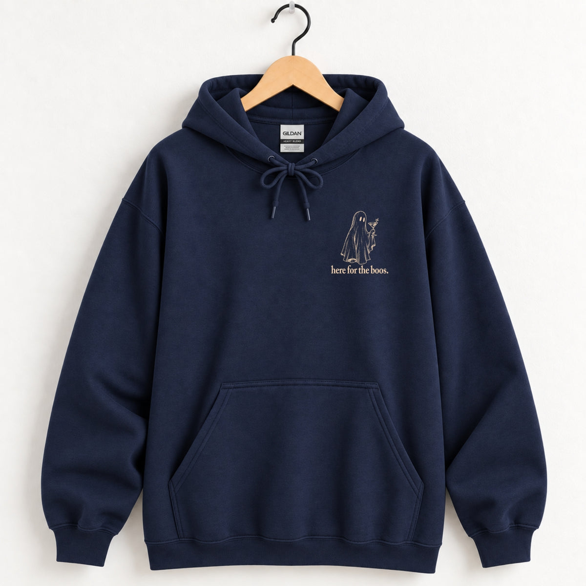 Here for the Boos hoodie in Navy on a wooden hanger