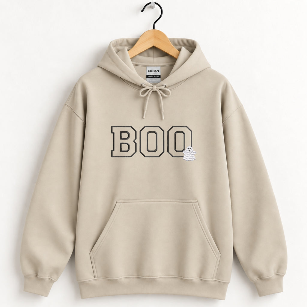 Boo embroidered hoodie in Sand on a wooden hanger, black varsity BOO with a small white ghost