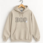 Boo embroidered hoodie in Sand on a wooden hanger, black varsity BOO with a small white ghost