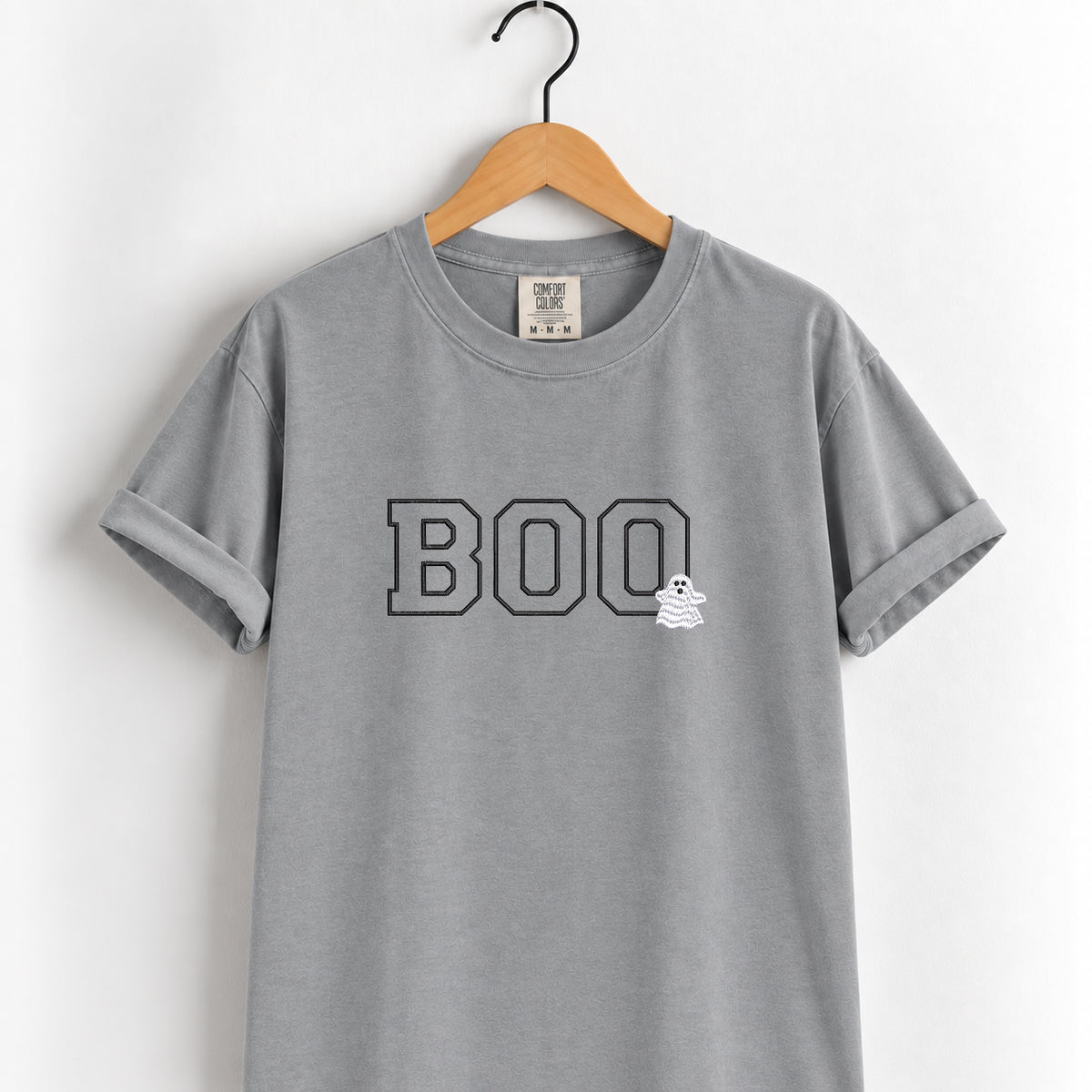 Boo embroidered tee in Grey on a wooden hanger