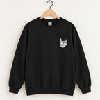 Rock On Skeleton Hand embroidered crewneck sweatshirt in Black on a wooden hanger, white thread rock-on skeleton hand on the left chest
