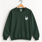 Rock On Skeleton Hand embroidered crewneck sweatshirt in Forest Green on a wooden hanger