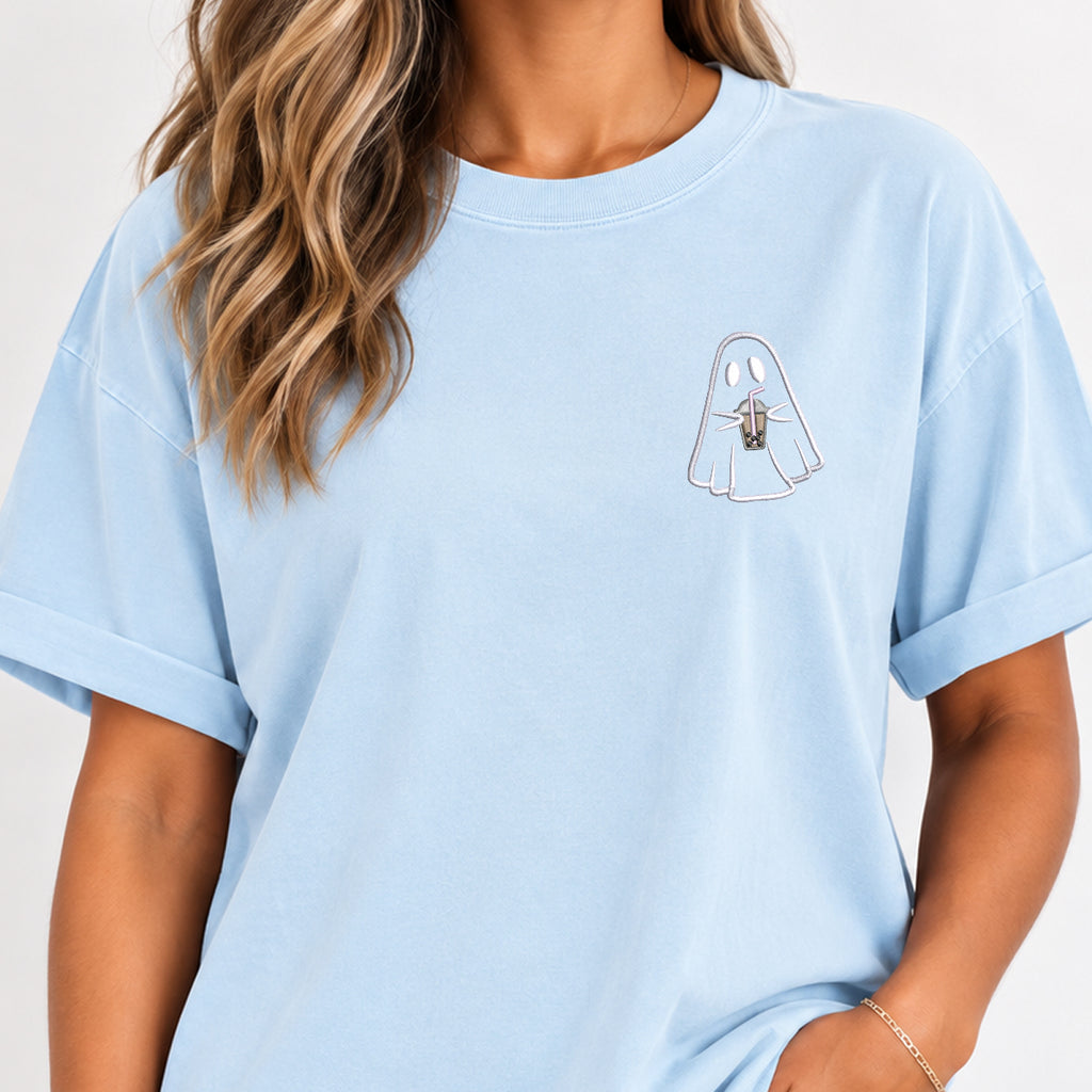 Ghost with a drink embroidered tee in Chambray on a wooden hanger