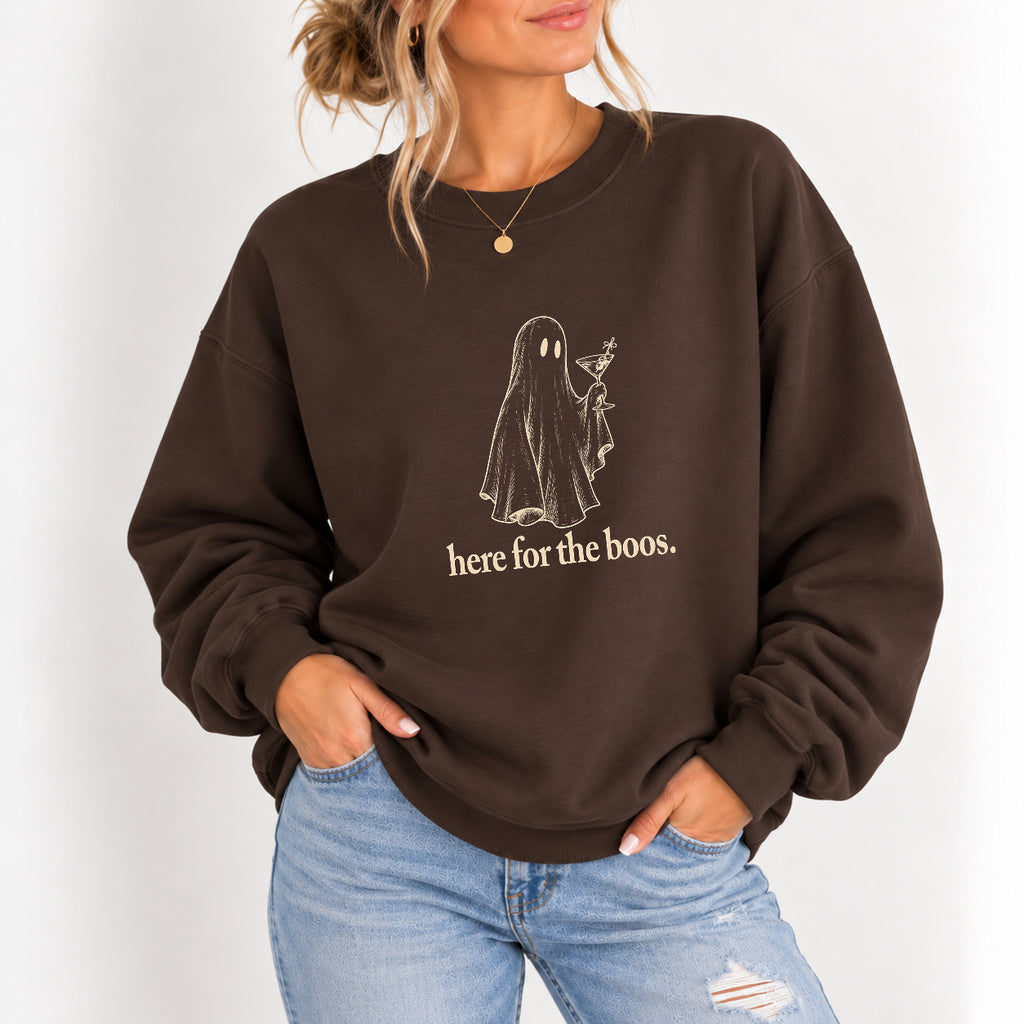 Woman wearing the Here for the Boos crewneck sweatshirt in Dark Chocolate with jeans