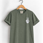 Peace sign skeleton hand embroidered tee in Moss on a wooden hanger, white thread left chest