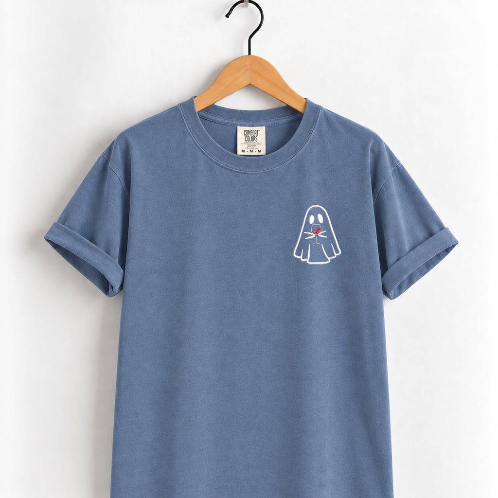Ghost with a drink embroidered tee in Blue Jean on a wooden hanger