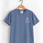 Ghost with a drink embroidered tee in Blue Jean on a wooden hanger