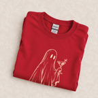 Here for the Boos crewneck sweatshirt folded on a cream floral surface, close up of the ghost and martini design