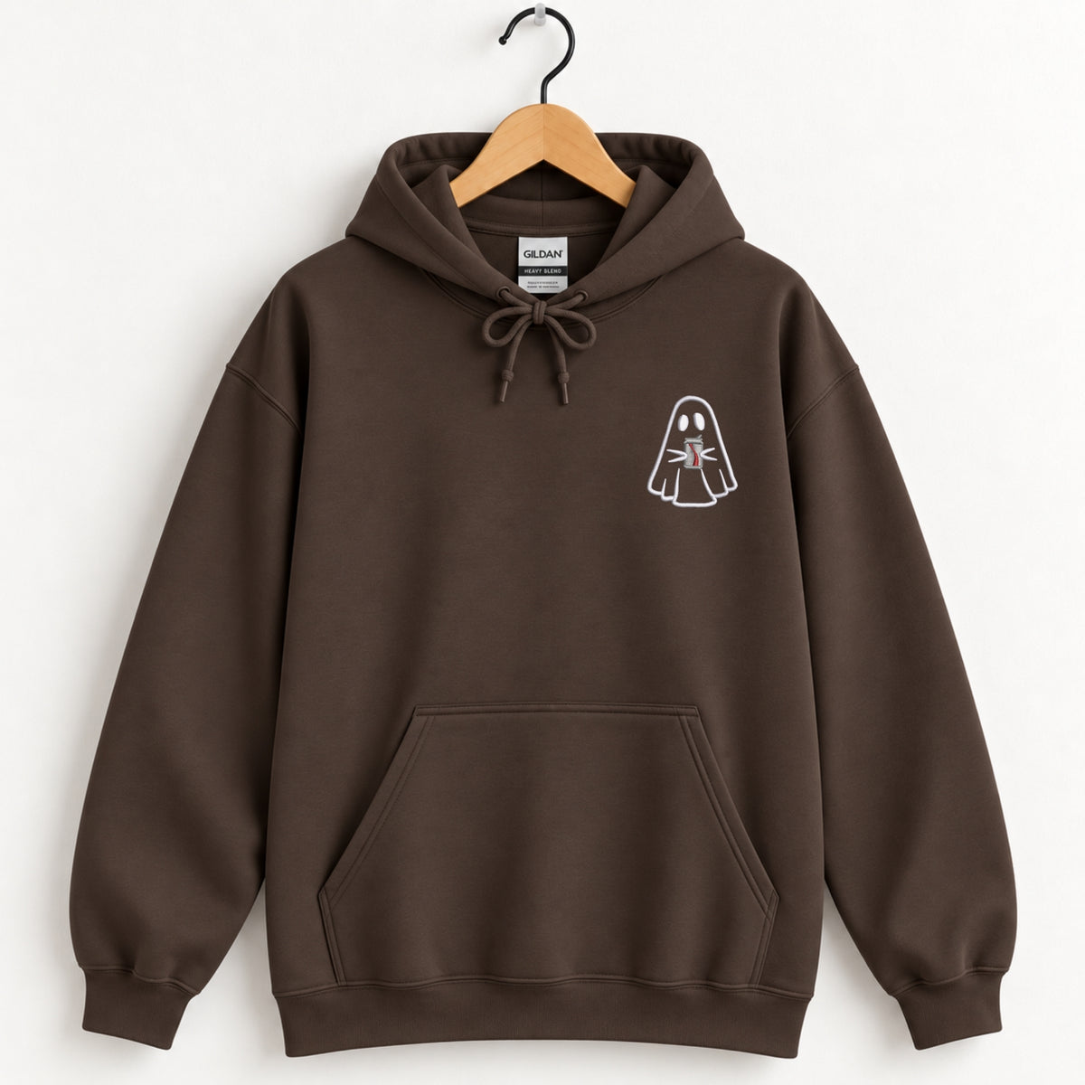 Ghost with a drink embroidered hoodie in Dark Chocolate on a wooden hanger