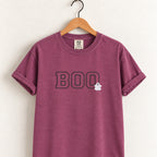 Boo embroidered tee in Berry on a wooden hanger