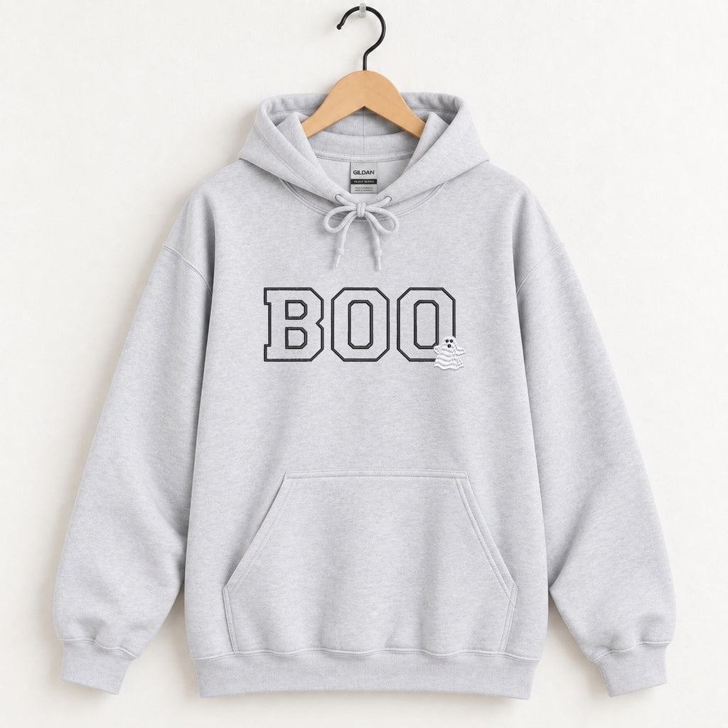 Boo embroidered hoodie in Ash on a wooden hanger