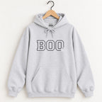 Boo embroidered hoodie in Ash on a wooden hanger