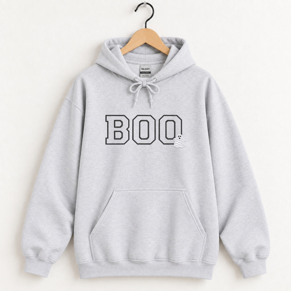 Boo embroidered hoodie in Ash on a wooden hanger