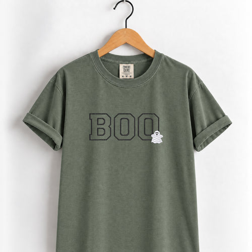 Boo embroidered tee in Moss on a wooden hanger, varsity BOO outline stitching with a small ghost
