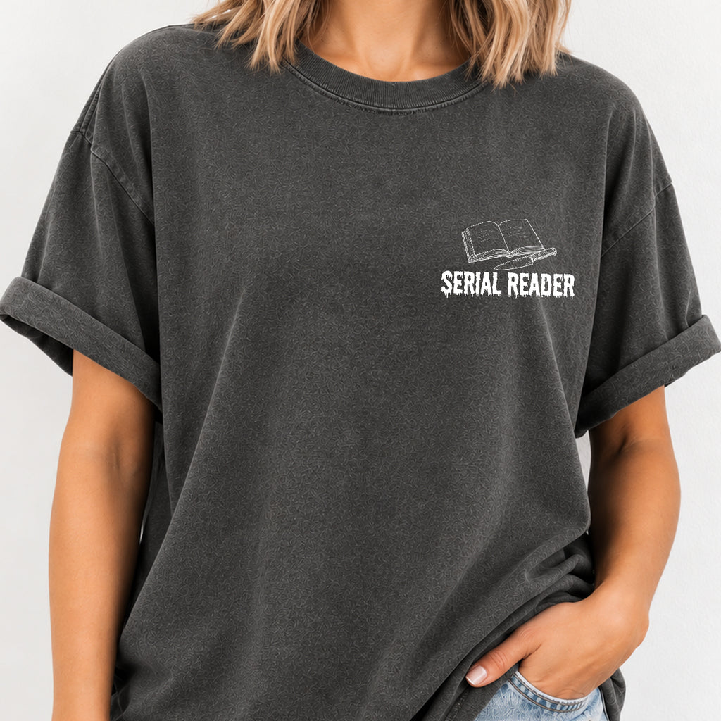 Woman wearing the Serial Reader left chest book tee in Pepper