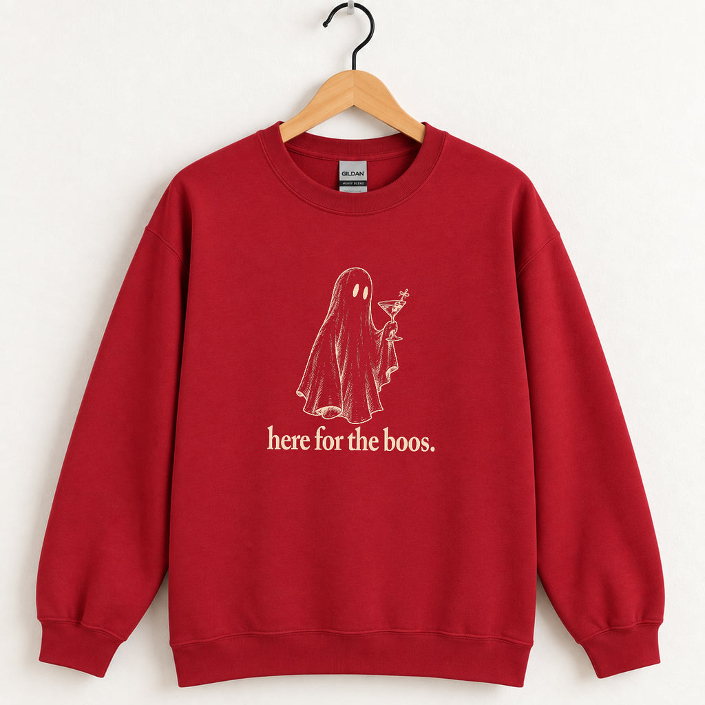 Here for the Boos crewneck sweatshirt in Cardinal Red on a wooden hanger