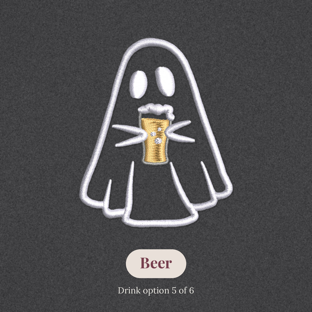 Close-up of the embroidered ghost holding a beer, drink option 5 of 6