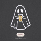 Close-up of the embroidered ghost holding a beer, drink option 5 of 6