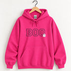 Boo embroidered hoodie in Heliconia pink on a wooden hanger