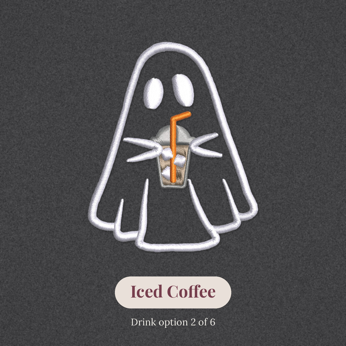 Close-up of the embroidered ghost holding an iced coffee, drink option 2 of 6
