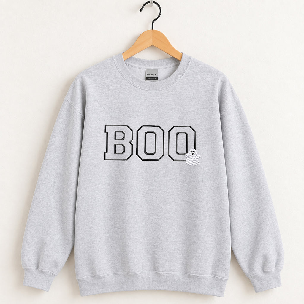 Boo embroidered crewneck sweatshirt in Ash on a wooden hanger