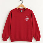 Ghost with a drink embroidered crewneck sweatshirt in Cardinal Red on a wooden hanger