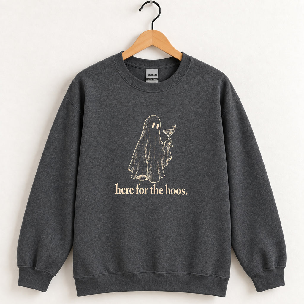 Here for the Boos crewneck sweatshirt in Dark Heather on a wooden hanger