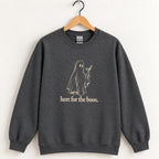 Here for the Boos crewneck sweatshirt in Dark Heather on a wooden hanger