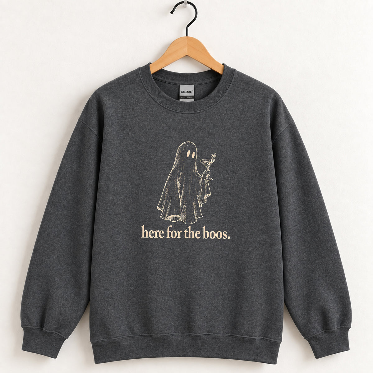 Here for the Boos crewneck sweatshirt in Dark Heather on a wooden hanger