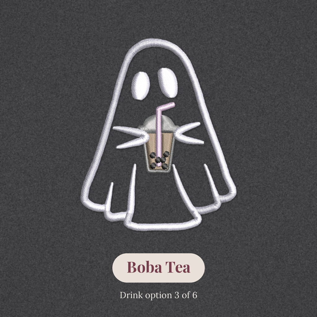Close-up of the embroidered ghost holding a boba tea, drink option 3 of 6