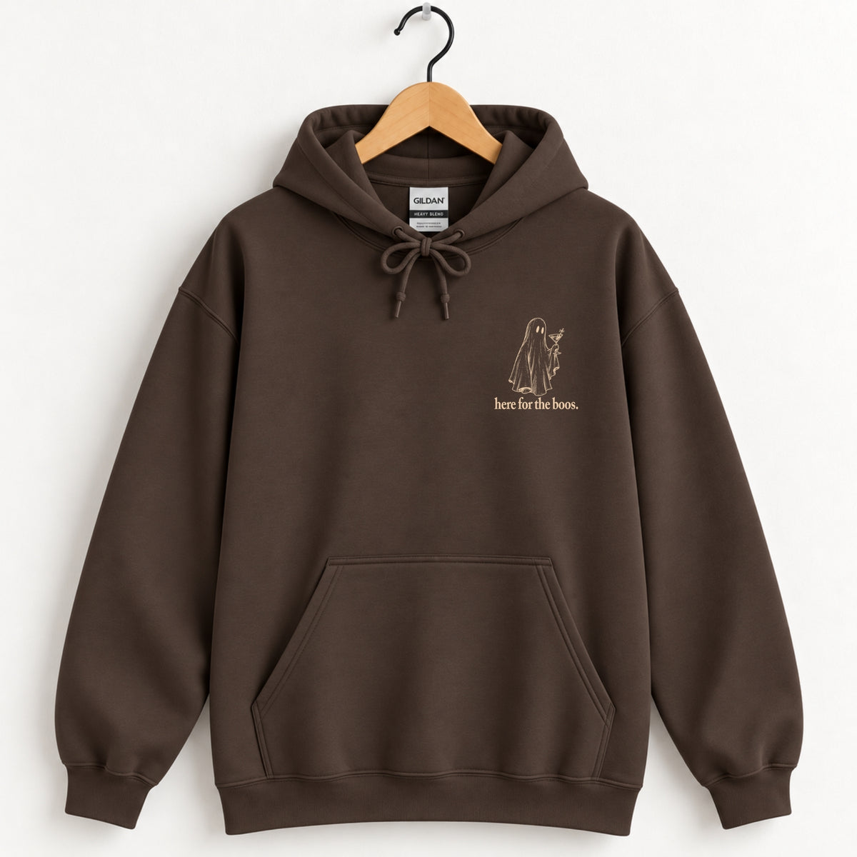 Here for the Boos hoodie in Dark Chocolate on a wooden hanger