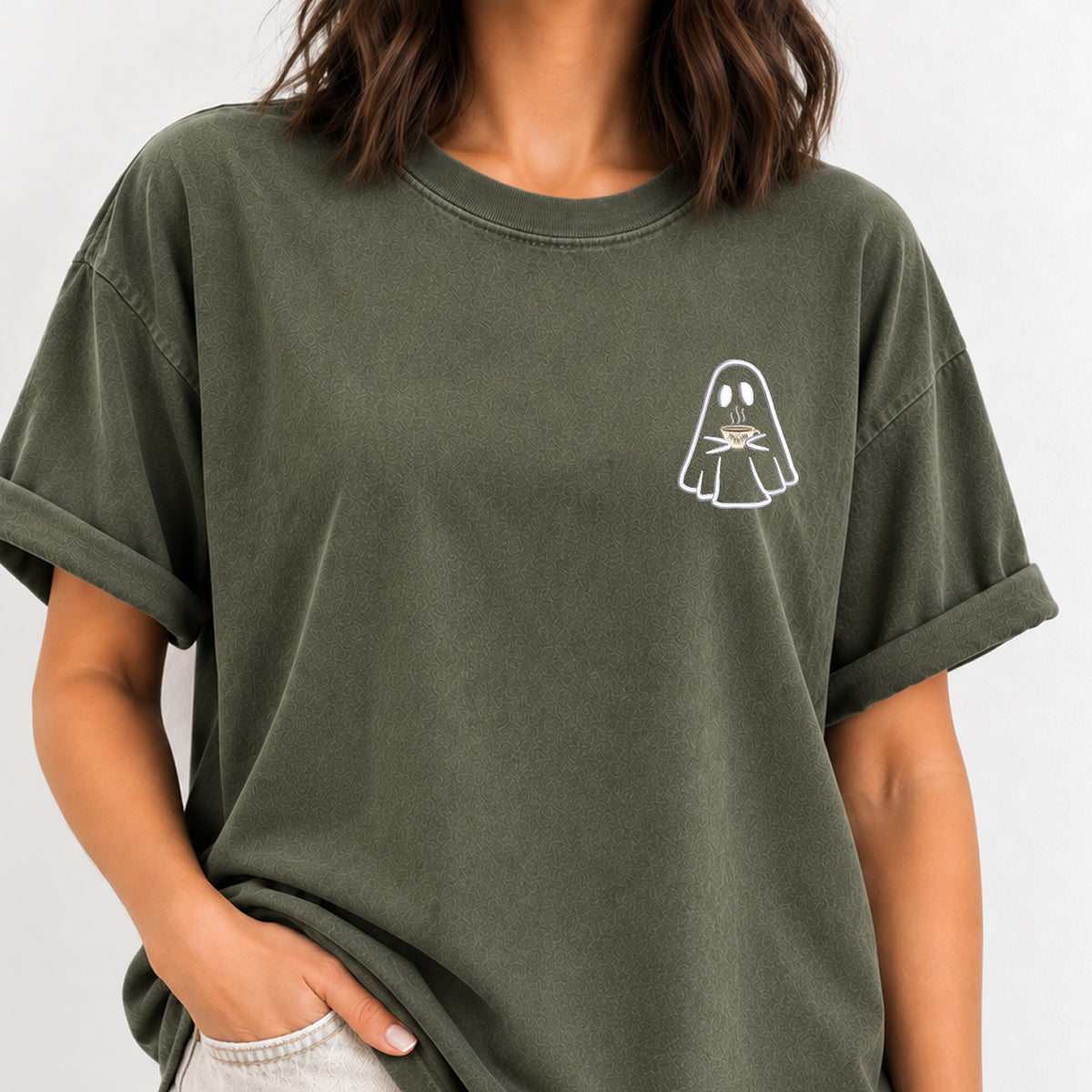 Ghost with a drink embroidered tee in Moss on a wooden hanger