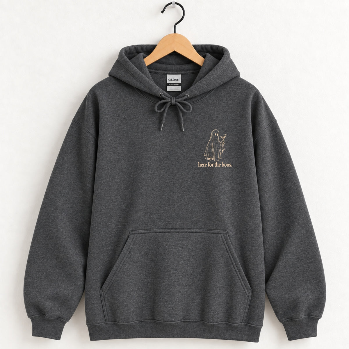 Here for the Boos hoodie in Dark Heather on a wooden hanger