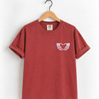 Heart hands skeleton embroidered tee in Chili on a wooden hanger, white thread left chest