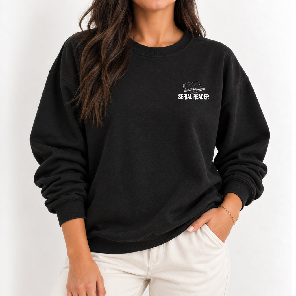 Woman wearing the Serial Reader crewneck sweatshirt in Black