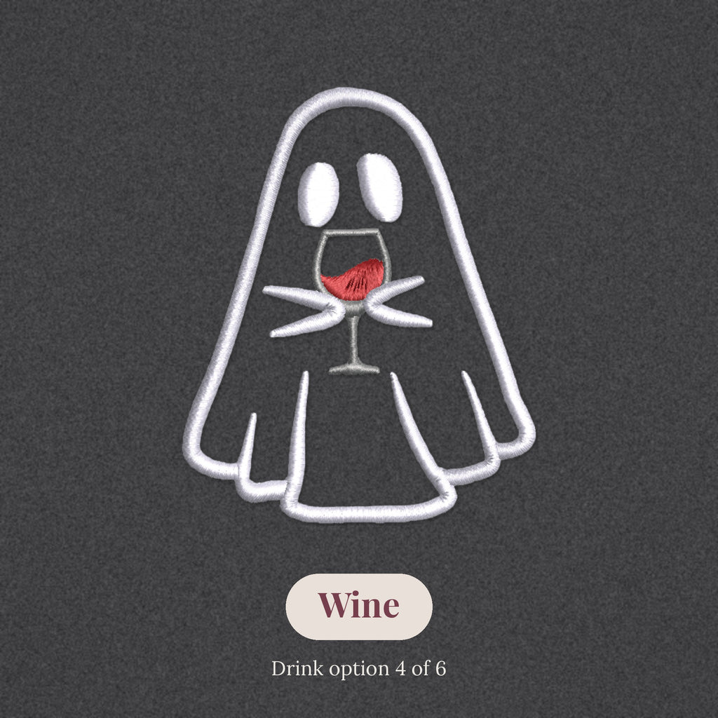 Close-up of the embroidered ghost holding a glass of wine, drink option 4 of 6