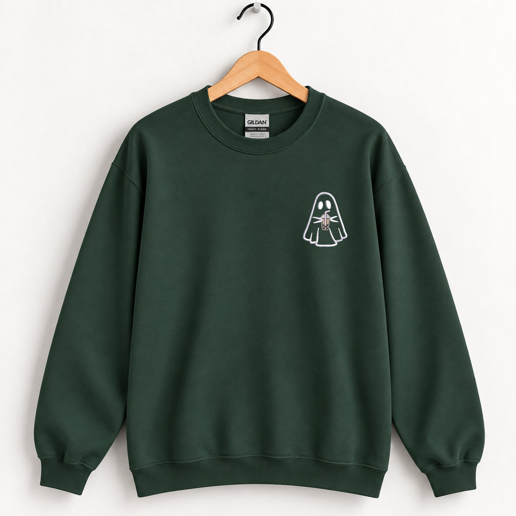 Ghost with a drink embroidered crewneck sweatshirt in Forest Green on a wooden hanger