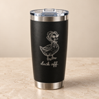 Duck Off engraved stainless steel tumbler in Black on a cream surface, front view with slide-top lid