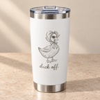 Duck Off engraved stainless steel tumbler in White on a cream surface, front view with slide-top lid